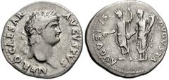 Nero. AD 54-68. AR Denarius (18mm, 3.15 g). Rome mint. Struck circa AD 64-66. Laureate head right, beardless / Nero, radiate, standing left, holding patera and sceptre; empress standing left behind hi