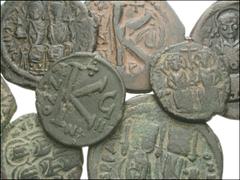 BYZANTINE. Early. Lot of nine Æ of Justin II. Justin II. Follis. Constantinople mint. RY 7. DOC I 32e; SB 373 // Half Follis. Thessalonica mint. RY 13. DOC I 85; SB 366 // Follis. Nicomedia mint. RY 1