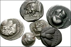 GREEK. Lot of six AR Fractions. Gaul. Auriol Hoard type. AR Hemiobol. Helmeted female head left / Incuse punch. Furtwängler Type F // Massalia. AR Obol. Male head left / MA in wheel. Cf. Depeyrot 31. 