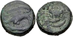 Greek SICILY, Akragas. Circa 415-406 BC. Æ Hexas (19mm, 7.18 g, 11h). Eagle standing right on pig / Crab; two pellets (mark of value) flanking, two fish below. Westermark, Coinage 940 (P.03/P.R6); CNS