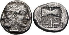 Greek ISLANDS off TROAS, Tenedos. Early-mid 5th century BC. AR Didrachm (19mm, 7.74 g, 3h). Janiform head of a male, left, and female, right / Labrys in dotted square border within incuse square. SNG 