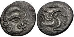 Celtic GAUL, Northwest. Coriosolites. Circa 100-50 BC. BI Stater (19mm, 6.05 g, 9h). Celtic head right, hair in large spiral curls, S-like ear / Celticized rider on horseback right; square ornament be
