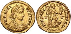 Roman Imperial Honorius. AD 393-423. AV Solidus (20.5mm, 4.40 g, 12h). Ravenna mint. Struck AD 402-406. Pearl-diademed, draped, and cuirassed bust right / VICTORI A AVGGG, Honorius standing right, hol