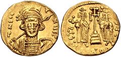 Byzantine Constantine IV Pogonatus, with Heraclius and Tiberius. 668-685. AV Solidus (19mm, 4.13 g, 6h). Class III. Constantinople mint, 3rd officina. Struck 674-681. Helmeted and cuirassed bust facin