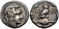 Greek ATTICA, Athens. Circa 165-42 BC. AR Drachm (17mm, 4.38 g, 12h). New Style coinage. Roman occupation under Sulla. Struck 86-84 BC. Head of Athena Parthenos right, wearing single-pendant earring, 