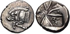 Greek LYCIA, Uncertain. Circa 520-470/60 BC. AR Third Stater (14.5mm, 2.79 g). Forepart of boar left / Incuse square; linear triangles protruding from two opposite sides, irregular linear shapes protr