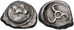 Greek DYNASTS of LYCIA. Khinakha(?). Circa 440/30-400 BC. AR Stater (21.5mm, 9.74 g). Uncertain mint. Pegasos flying left; pellet below; all on raised round shield / Triskeles, with central pellet, wi