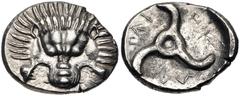 Greek DYNASTS of LYCIA. Perikles. Circa 380-360 BC. AR Third Stater (16.5mm, 2.70 g). Limyra mint(?). Lion scalp facing / Triskeles within incuse circle. Müseler VIII, 47–51; Falghera 217; SNG Copenha