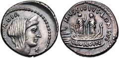 Roman Republican Moneyer issues of Imperatorial Rome. L. Mussidius Longus. 42 BC. AR Denarius (17mm, 3.79 g, 3h). Rome mint. Diademed and veiled head of Concordia right; star below chin / Shrine of Ve