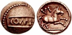 CELTIC, Britain. Atrebates & Regni. Verica. Circa AD 10-40. AV Quarter Stater (1.18 g, 5h). Calleva mint. COMF on tablet / Horse prancing right; VI above. VERC1-2 var. (no pellet-in-rings on obv.); Va