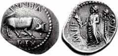 CELTIC, Britain. Atrebates & Regni. Verica. Circa AD 10-40. AR Unit (1.28 g, 6h). Southern mint. Bull butting right / Male standing left, holding branch; to right, bust left set on column. Bean VERS3-