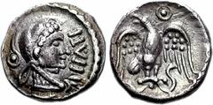 CELTIC, Britain. Trinovantes & Catuvellauni. Epaticcus. Circa AD 35-43. AR Unit (0.97 g, 3h). Head of Hercules right, wearing lion skin headdress; pellet in ring behind / Eagle standing facing, head l