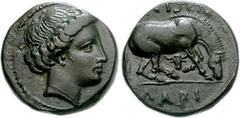 THESSALY, Larissa. Circa 400-344 BC. Æ 17mm (4.61 g, 1h). Head of the nymph Larissa right / Horse right, preparing to lie down; bucranium below. Rogers 291a (this coin cited); SNG Copenhagen 142 var. 