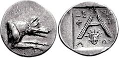 ARGOLIS, Argos. Circa 90-50 BC. AR Triobol (2.22 g, 4h). Xenophilos, magistrate. Forepart of wolf at bay right / XE-NO/F-I/L-OU in three lines around large A; radiate facing head of Helios below; all 