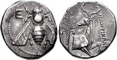 IONIA, Ephesos. Circa 390-325 BC. AR Tetradrachm (15.12 g, 11h). Mantikrates, magistrate. Struck circa 350-330 BC. Bee with straight wings / Forepart of stag right; palm tree to left, MANTIKRAT[HS] to