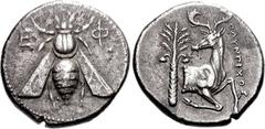 IONIA, Ephesos. Circa 390-325 BC. AR Tetradrachm (15.20 g, 1h). Olympichos, magistrate. Struck circa 340-325 BC. Bee with straight wings / Forepart of stag right; palm tree to left, OLUNPICOS (sic) to