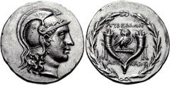 IONIA, Lebedos. Circa 160-140 BC. AR Tetradrachm (16.66 g, 12h). Stephanophoric type. Athenaios, magistrate. Helmeted head of Athena right / Owl standing right, head facing, on club between two cornuc
