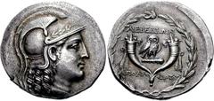 IONIA, Lebedos. Circa 160-140 BC. AR Tetradrachm (16.54 g, 1h). Stephanephoric type. Apollodotos, magistrate. Helmeted head of Athena right / Owl standing right, head facing, on club between two cornu