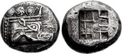 LYCIA, Phaselis. Circa 530-500 BC. AR Stater (10.66 g). Prow of galley right, terminating in a boar's forepart; to lower right, dolphin right / Incuse square with hatch-mark pattern. Heipp-Tamer serie
