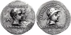 BAKTRIA, Greco-Baktrian Kingdom. Eukratides I. Circa 170-145 BC. AR Drachm (3.77 g, 12h). Pedigree issue. BASILEUS MEGAS EUKRATIDHS, diademed and draped bust right, wearing helmet adorned with bull's 