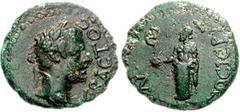 LYDIA, Dioshieron. Augustus. 27 BC-AD 14. Æ 15mm (2.31 g, 12h). Laureate head right / Zeus standing left, holding phiale. RPC I 2558A/1 (this coin); SNG München -; SNG Copenhagen -. VF, hard dark gree