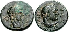 LYDIA, Sardis. Nero. AD 54-68. Æ 16mm (4.13 g, 6h). Mindios, strategus for the second time. Laureate head right; monogram to left / Laureate bust of Hercules right, lion skin tied at neck. RPC I 3005/