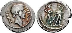 L. Servius Rufus. 41 BC. AR Denarius (3.82 g, 12h). Rome mint. Bare head of Brutus(?) right / The Dioscuri standing facing, each holding spear and sword strapped to waist. Crawford 515/2; CRI 324; Syd