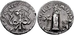 Sextus Pompey. 38-37 BC. AR Denarius (3.88 g, 11h). Uncertain Sicilian mint. The Pharos of Messana surmounted by statue of Neptune standing right, holding trident and rudder, left foot on prow; in for