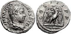 Elagabalus. AD 218-222. AR Denarius (2.07 g, 6h). Antioch mint. Struck AD 219-220. Laureate and draped bust right / Eagle, wings spread and head left, standing half-right on thunderbolt before Stone o