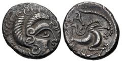 Celtic GAUL, Northwest. Coriosolites. Circa 100-50 BC. BI Stater (20mm, 6.60 g, 3h). Celtic head right, hair in large spiral curls, S-like ear / Celticized rider on horseback right; square ornament be