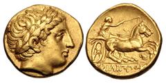 Greek KINGS of MACEDON. temp. Philip III – Kassander. Circa 323/2-315 BC. AV Stater (18.5mm, 8.55 g, 10h). In the name and types of Philip II. Pella mint. Laureate head of Apollo right / Charioteer dr