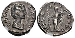 Roman Imperial Didia Clara. Augusta, AD 193. AR Denarius (17mm, 3.21 g, 7h). Rome mint. Struck under Didius Julianus. Draped bust right / Hilaritas standing left, holding long palm frond and cornucopi