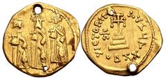 Byzantine Heraclius, with Heraclius Constantine and Heraclonas. 610-641. AV Lightweight Solidus of 20 Siliquae (20mm, 3.59 g, 6h). Constantinople mint, 4th officina. Struck circa AD 639-641. Heraclona