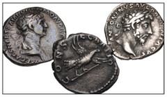 Large Lots ROMAN. Imperial. Lot of three (3) AR Denarii from Trajan to Divus Marcus Aurelius. Includes: Trajan // Marcus Aurelius // Divus Marcus Aurelius. Toned. Average Near VF. LOT SOLD AS IS, NO R