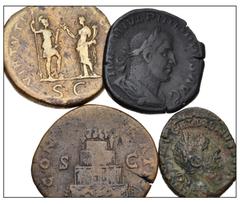 Large Lots ROMAN. Imperial. Lot of four (4) bronze issues from Trajan to Gallienus. Includes: Trajan. Æ Sestertius // Divus Antoninus Pius. Æ Sestertius // Philip I. Æ Sestertius // Gallienus. Æ As. F