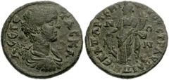 LYDIA, Hypaepa. Geta. As Caesar, AD 198-209. Æ 23mm (7.52 g). Artemidoros, magistrate. Bare-headed, draped and cuirassed bust right, seen from behind / Tyche standing left, holding rudder and cornucop