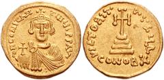 Constans II. 641-668. AV Solidus (20mm, 4.37 g). Constantinople mint, 4th officina. Struck 641-646. Small, beardless facing bust, wearing crown and chlamys, holding globus cruciger / Cross potent on t
