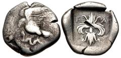 Greek ELIS, Olympia. 87th Olympiad. 432 BC. AR Hemidrachm (15mm, 2.55 g, 1h). Eagle standing left on serpent / Thunderbolt, with volutes above and wings below, within incuse square. Seltman, Temple –;
