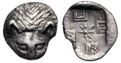 Greek CIMMERIAN BOSPOROS, Pantikapaion. Circa 420-410 BC. AR Tetartemorion (6mm, 0.14 g). Facing head of lion / Quadripartite incuse square with windmill/swastika pattern with central star, ethnic in 