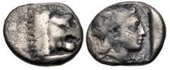 Greek CARIA, Knidos. Circa 404-395 BC. AR Hemidrachm (12mm, 1.70 g, 6h). Forepart of lion right / Head of Aphrodite right; K-NI to left and below chin; all within incuse square. Unpublished, but for t