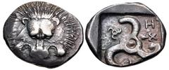 Greek DYNASTS of LYCIA. Trbbenimi. Circa 390-375 BC. AR Stater (25mm, 9.82 g). Zemura (Limyra) mint. Facing lion scalp / Triskeles; small triskeles in one section, ZẼ and T (in Lycian) the others; all