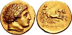 Greek KINGS of MACEDON. temp. Philip II – Alexander III. Circa 340/36-328 BC. AV Stater (19mm, 8.60 g, 11h). In the name and types of Philip II. Pella mint. Head of Apollo right, wearing laurel wreath