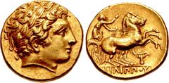 Greek KINGS of MACEDON. Philip III Arrhidaios. 323-317 BC. AV Stater (18mm, 8.61 g, 5h). In the types of Philip II. Pella mint. Struck under Antipater or Polyperchon, circa 323-318/7 BC. Head of Apoll