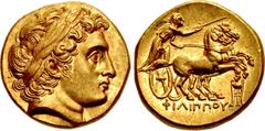 Greek KINGS of MACEDON. Philip III Arrhidaios. 323-317 BC. AV Stater (17.5mm, 8.74 g, 12h). In the types of Philip II. Kolophon mint. Struck under Menander or Kleitos, circa 322-319 BC. Head of Apollo