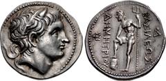 Greek KINGS of MACEDON. Demetrios I Poliorketes. 306-283 BC. AR Tetradrachm (31.5mm, 17.16 g, 8h). Amphipolis mint. Struck circa 291-290 BC. Diademed and horned head right / BAΣIΛEΩΣ ΔHMHTPIOY, Poseid