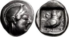 Greek ATTICA, Athens. Circa 510-500/490 BC. AR Tetradrachm (23mm, 17.08 g, 6h). Head of Athena right, wearing earring and crested Attic helmet decorated with tiny spiral on the back of the bowl / Owl 