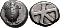 Greek ISLANDS off ATTICA, Aegina. Circa 480-457 BC. AR Stater (19.5mm, 12.15 g, 9h). Sea turtle, head in profile, with 'T-back' design on shell / Large square incuse with skew pattern. Meadows, Aegina