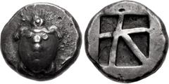 Greek ISLANDS off ATTICA, Aegina. Circa 480-457 BC. AR Hemistater – Drachm (16mm, 6.09 g, 6h). Sea turtle, head in profile, with 'T-back' design on shell / Large square incuse with skew pattern. Meado