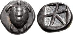 Greek ISLANDS off ATTICA, Aegina. Circa 480-457 BC. AR Quarter Stater – Hemidrachm (13mm, 2.88 g, 2h). Sea turtle, head in profile, with 'T-back' design on shell / Large square incuse with skew patter
