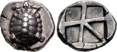 Greek ISLANDS off ATTICA, Aegina. Circa 456/45-431 BC. AR Stater (19mm, 12.17 g, 11h). Land tortoise with segmented shell / Large square incuse with heavy skew pattern. Meadows, Aegina, Group IIIb; Mi